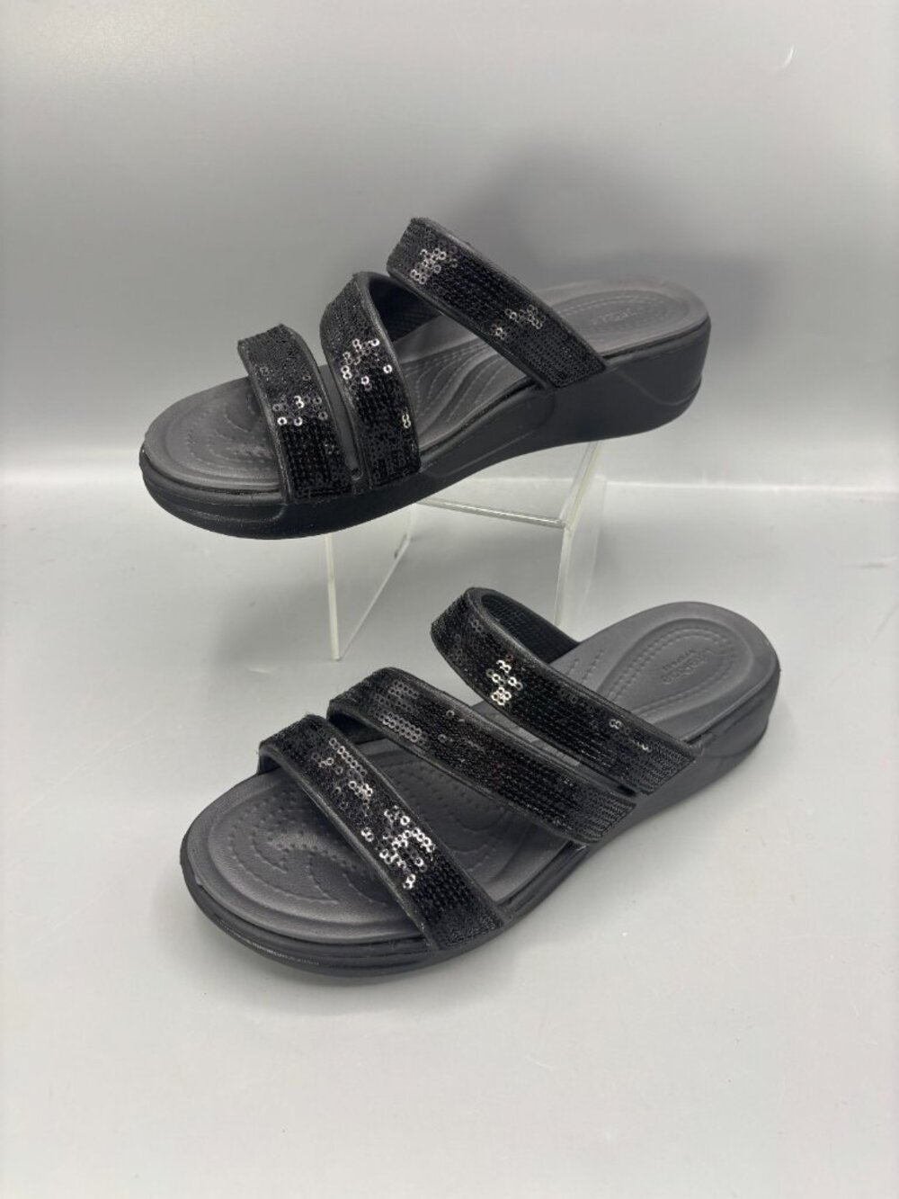 Crocs Boca Strappy Wedge Sandal Womens Black 6 Sequin Slip On Open Toe Comfort